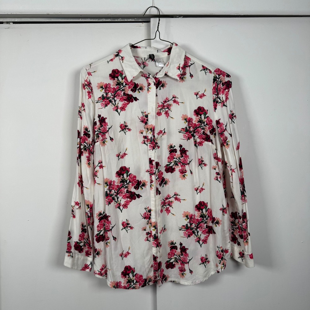 HM Divided Womens Floral Button Down Shirt White Pink Cherry Blossom Size 6